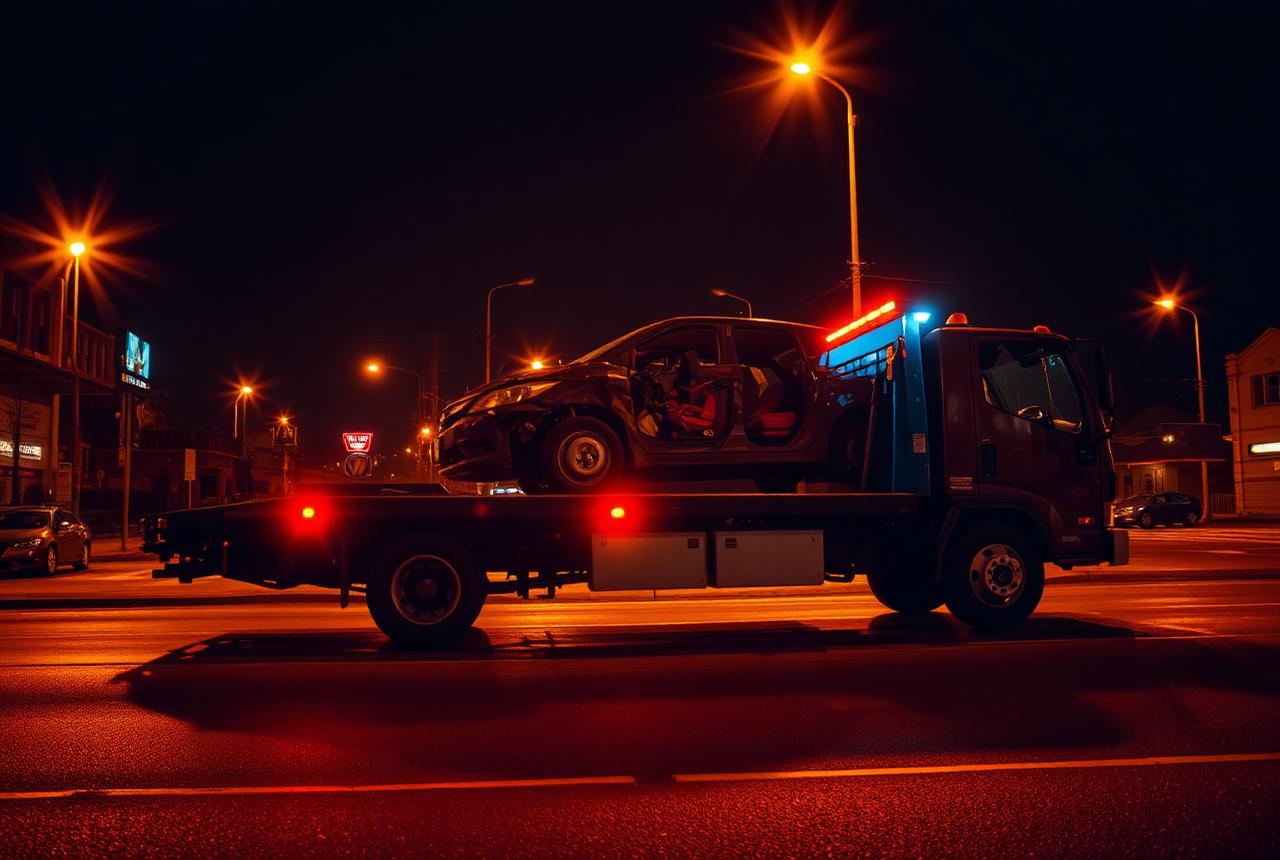 Flatbed tow truck loading a junk car at night in Jackson, Michigan